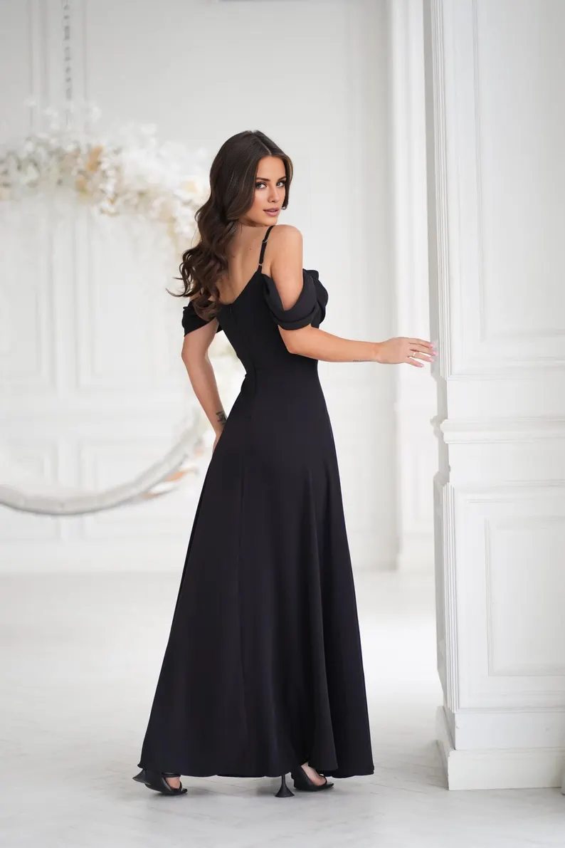 LD off shoulder collar sleeveless thin shoulder strap backless side slit and floor length Prom dress