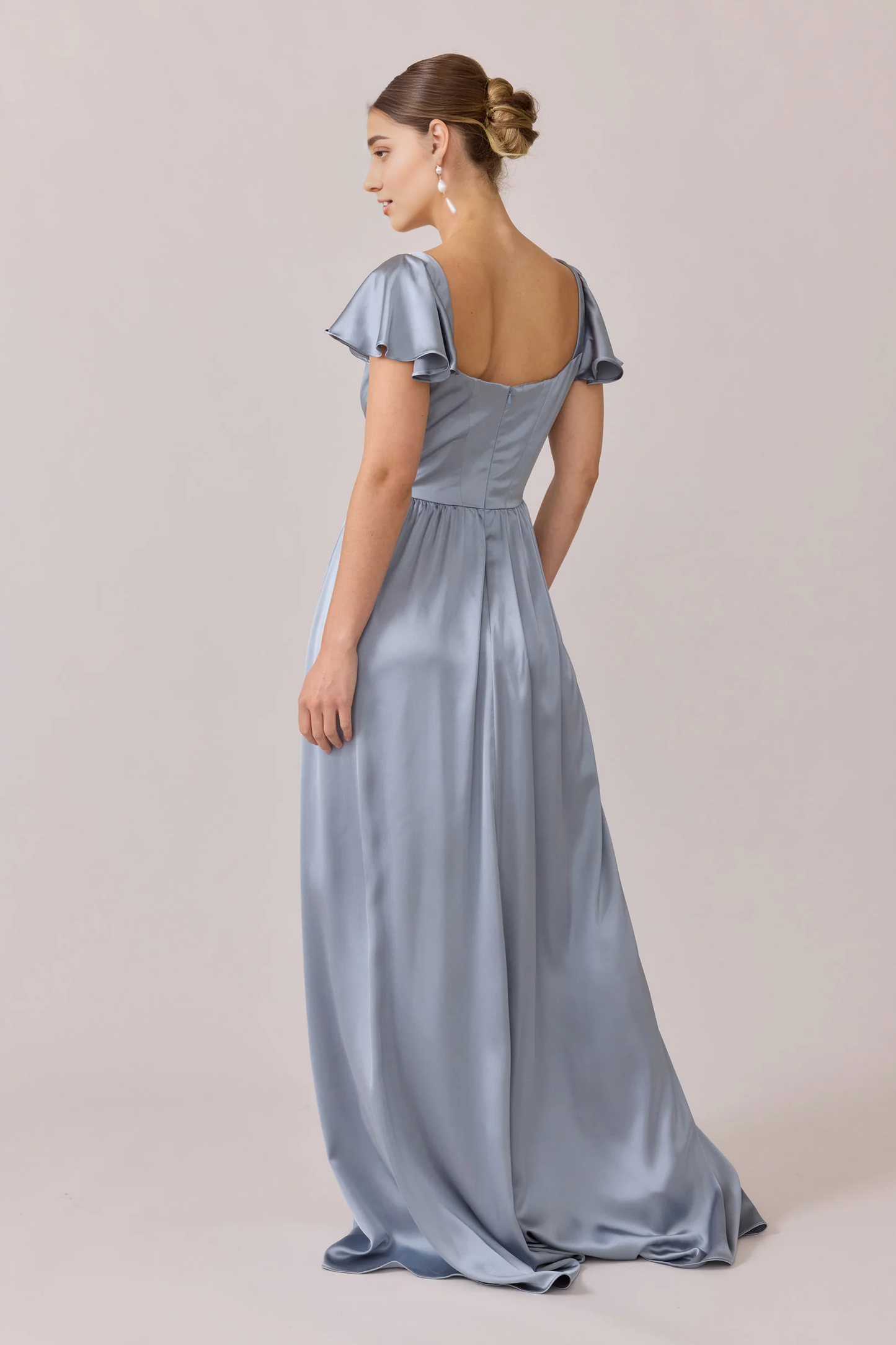 LD square neckline short sleeved backless side slit and floor length prom dress