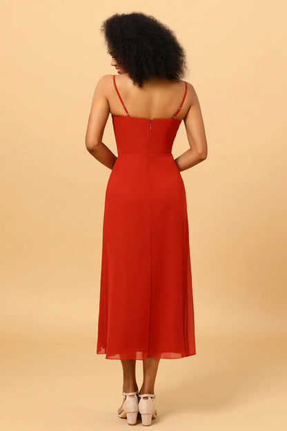 Red earth thin shoulder strap medium length chiffon slit bridesmaid dress