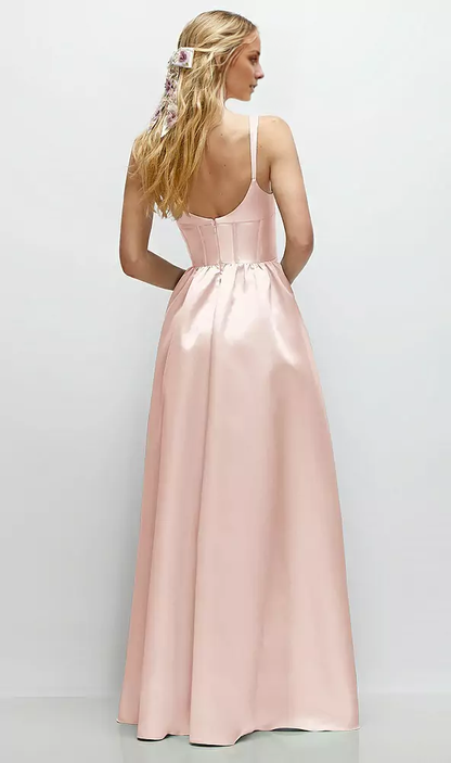 Low round neck studded tight corset satin and floor length bridesmaid dress - LD Dress