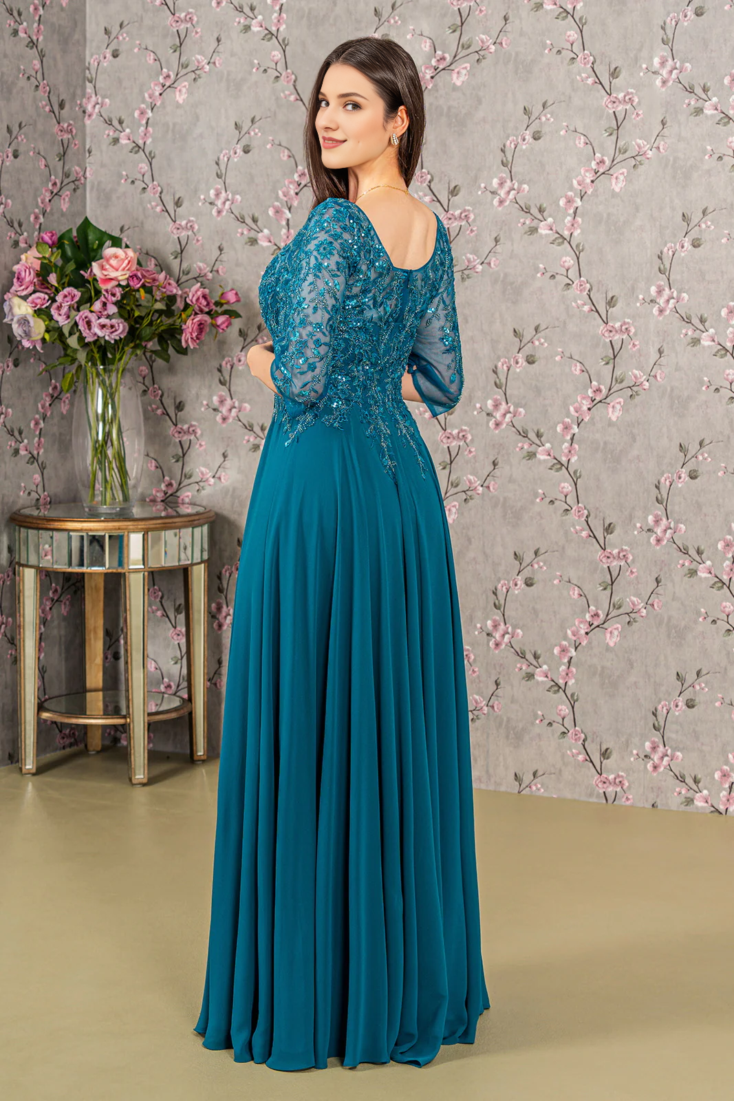 Pearl embroidery 3/4 sleeve chiffon long mother of the bride dress