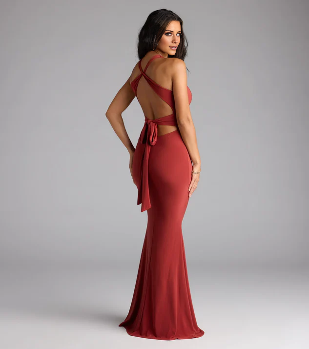 LD V collar off shoulder sleeveless backless and floor length Prom dress