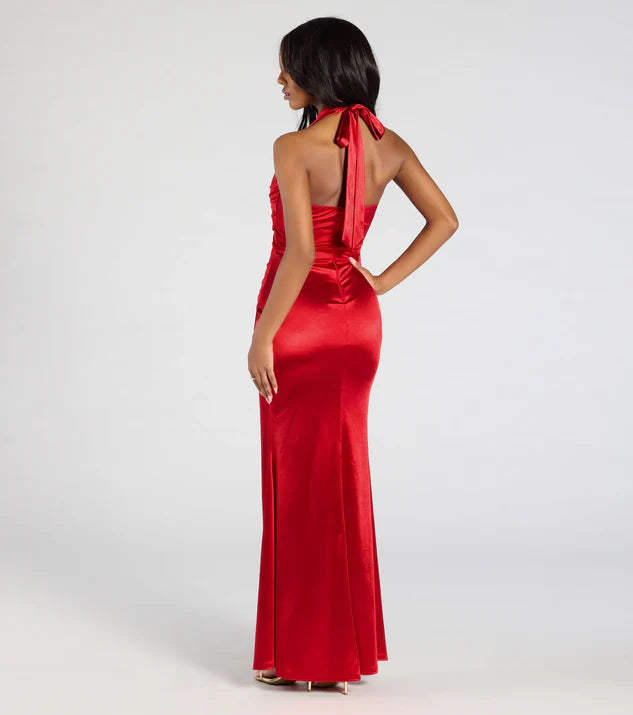 LD V collar hanging neck off shoulder sleeveless backless side slit and floor length Prom dress