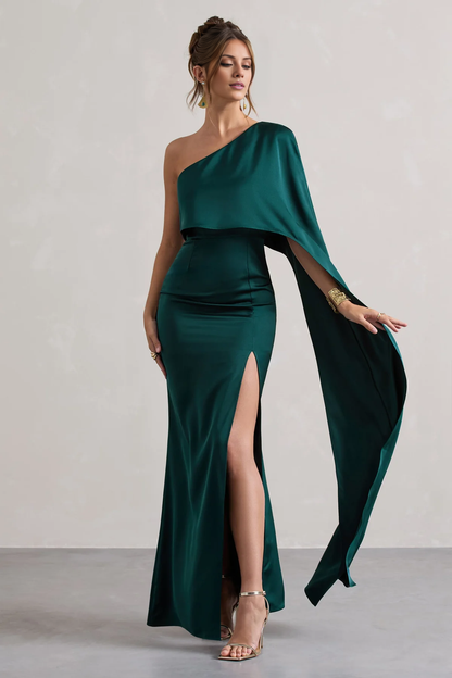 LD - Single shoulder collar satin side slit and floor length Prom dress