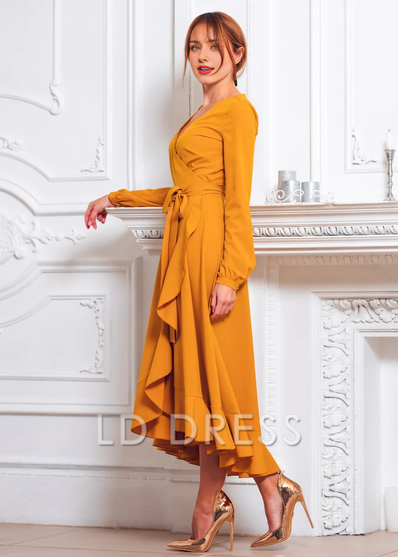 LD V collar long sleeved side slit lotus leaf edge length design Prom dress