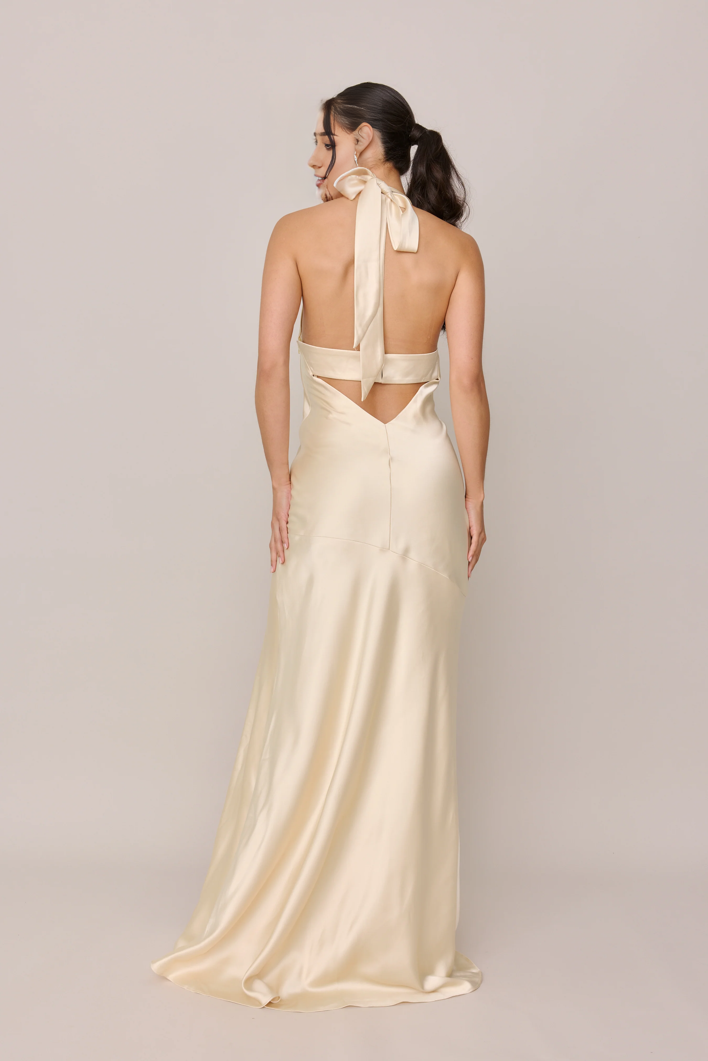 LD cross neckline off shoulder sleeveless backless side slit and floor length Prom dress