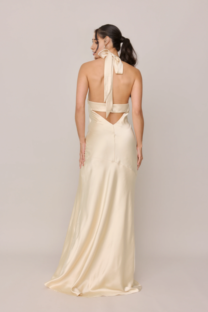 LD cross neckline off shoulder sleeveless backless side slit and floor length Prom dress