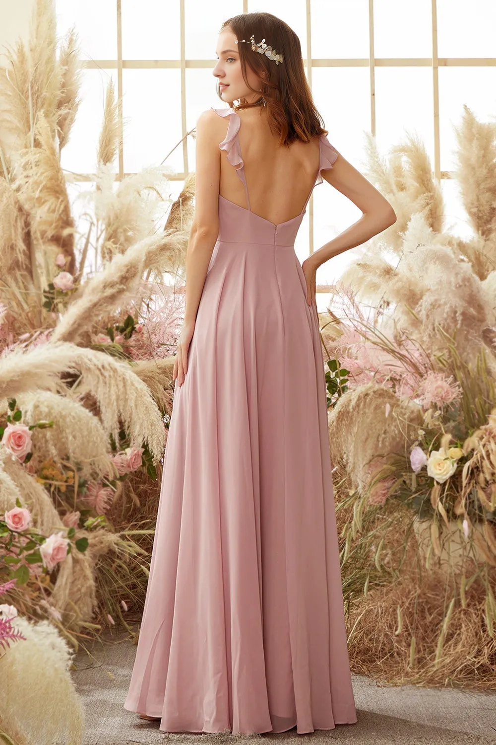 Powder blusher strappy chiffon bridesmaid dress