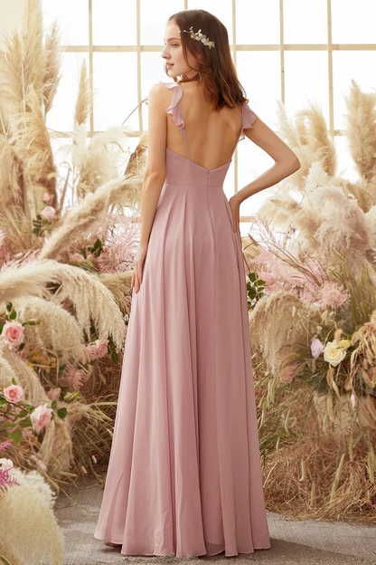 Powder blusher strappy chiffon bridesmaid dress