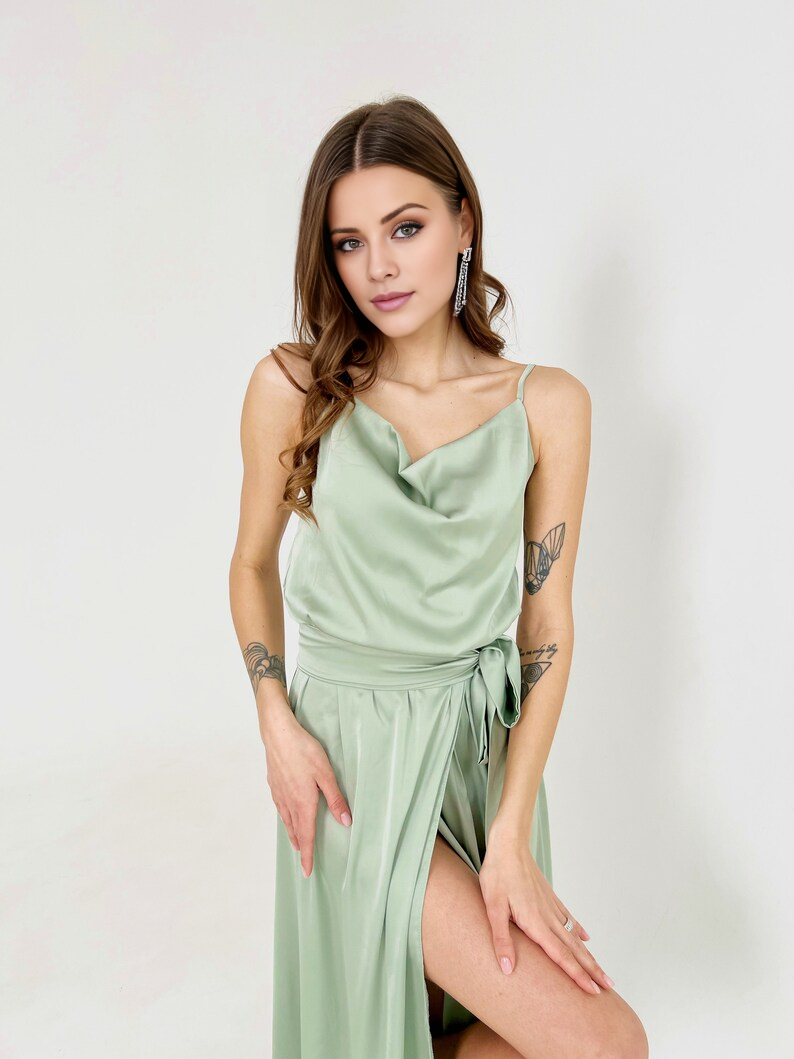 LD scarf collar off shoulder sleeveless thin shoulder strap open back side slit and floor length Prom dress