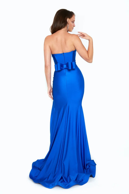 Off shoulder collar sleeveless thin shoulder strap backless side slit and floor length evening dress