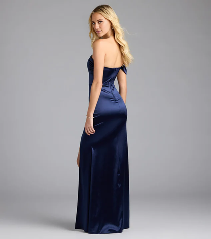 LD asymmetrical collar off shoulder sleeveless backless side slit and floor length evening dress