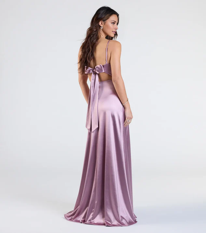 LD square neckline sleeveless thin shoulder strap backless side slit and floor length Prom dress