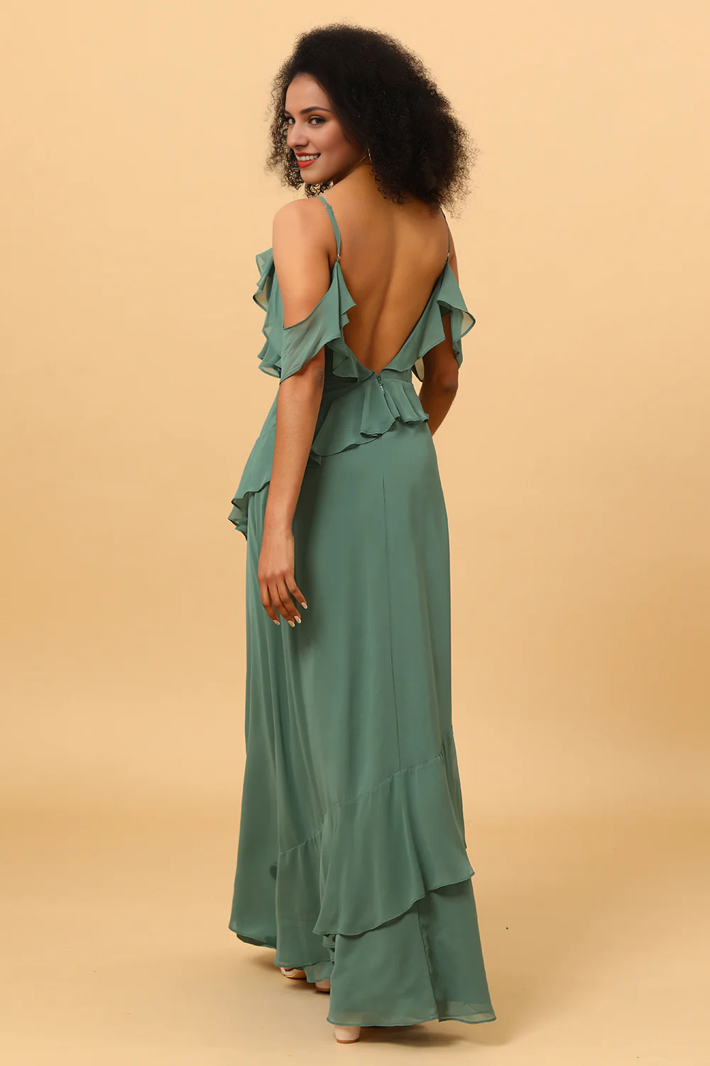 Eucalyptus fine shoulder strap ruffled chiffon long bridesmaid dress