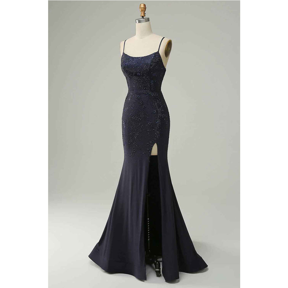 Navy Blue Split Strapless Sweetheart Beaded Prom Dress