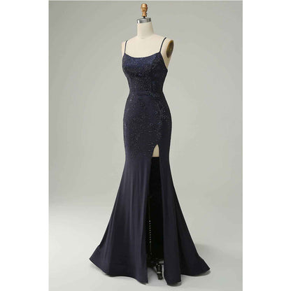 Navy Blue Split Strapless Sweetheart Beaded Prom Dress