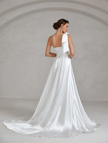 One shoulder bow satin and floor length wedding dress