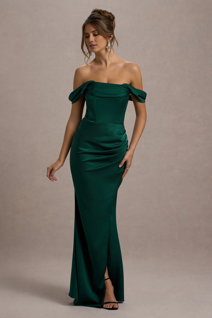 LD - Open shoulder collar tight corset with side slit and floor length Prom dress