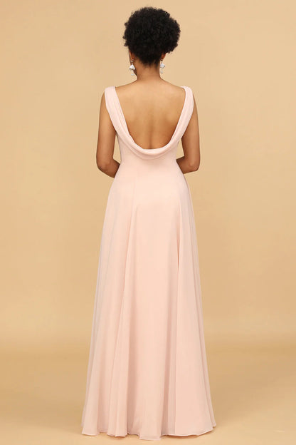 Pink A-line V-neck chiffon long bridesmaid dress
