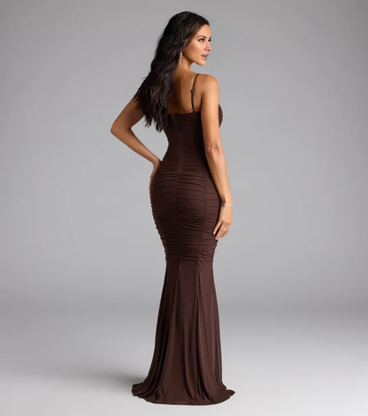 LD square neckline off shoulder sleeveless thin shoulder strap backless and floor length evening dress