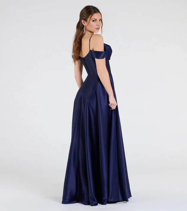 LD off shoulder collar sleeveless thin shoulder strap backless side slit and floor length Prom dress