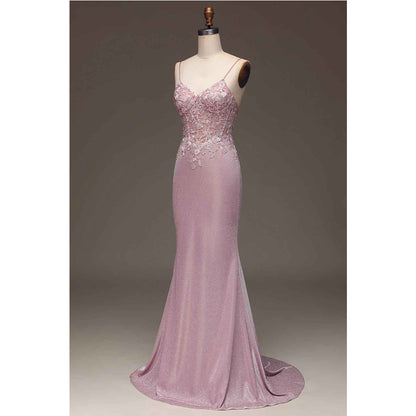Sparkling pink powder blusher mermaid thin shoulder belt beaded long prom dress
