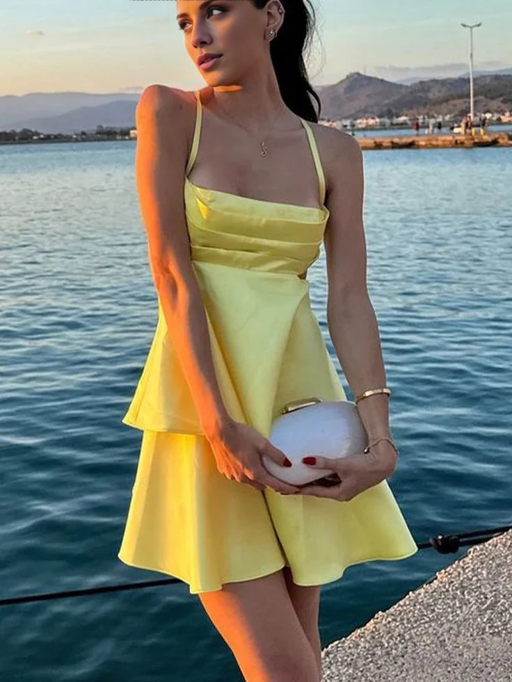 LD Yellow Satin A Line Homecoming Dress Short Party Dress