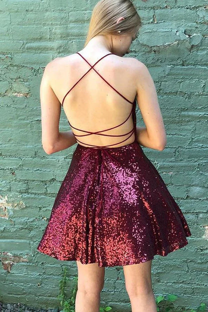 LD Backless Burgundy Homecoming Dress Short Formal Evening Dress