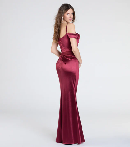 LD off shoulder collar sleeveless slim shoulder strap backless side slit and floor length Prom dress