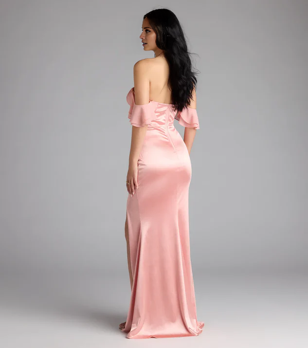 LD off shoulder collar sleeveless backless side slit and floor length evening dress
