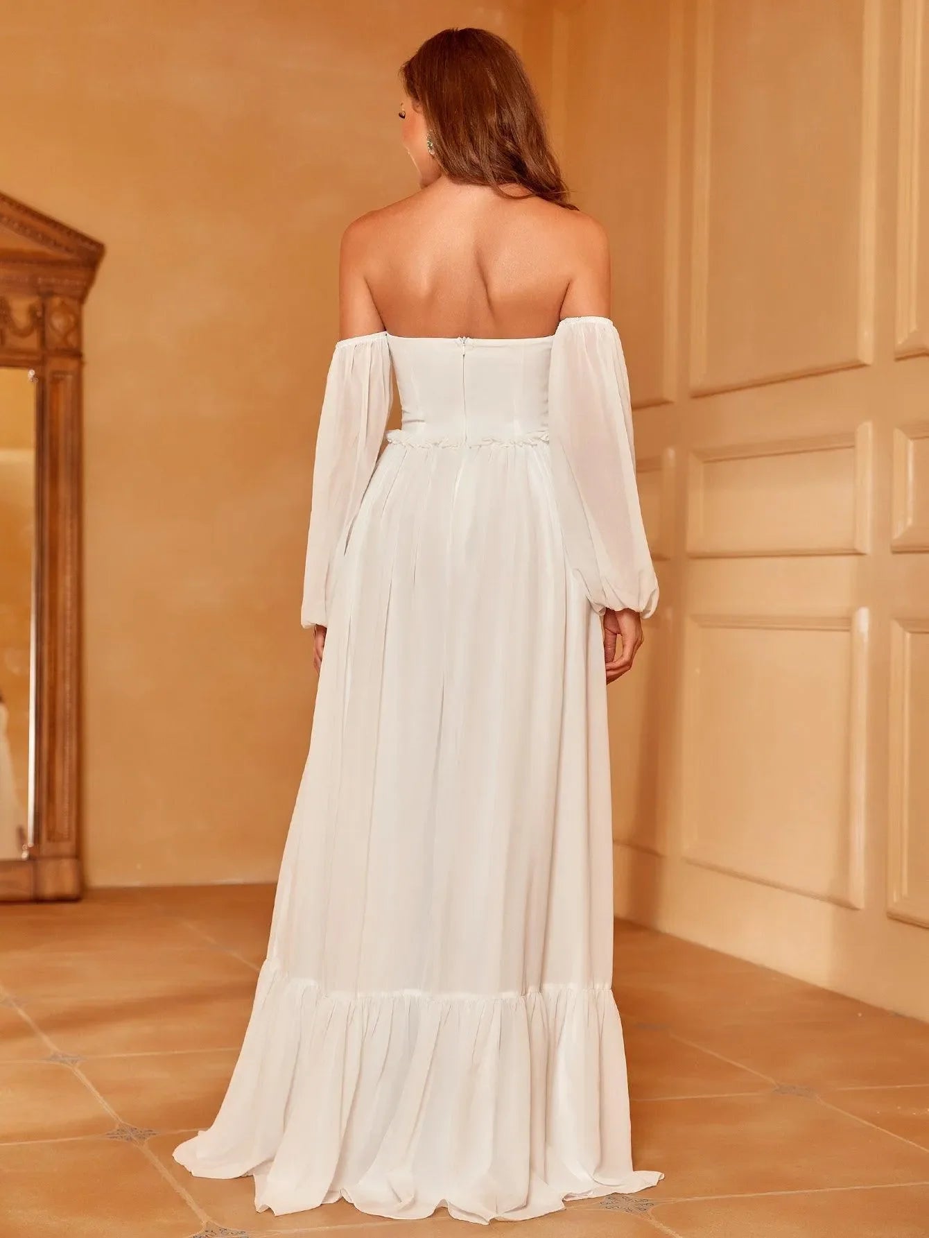 Off shoulder lantern sleeve chiffon slit and floor length wedding dress