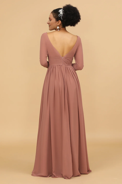 Pink V-neck long sleeved slit chiffon bridesmaid dress