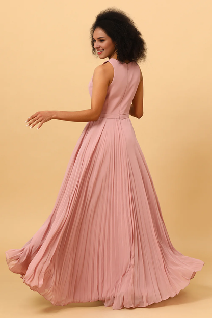 Dusty rose A-line high neck pleated long chiffon bridesmaid dress