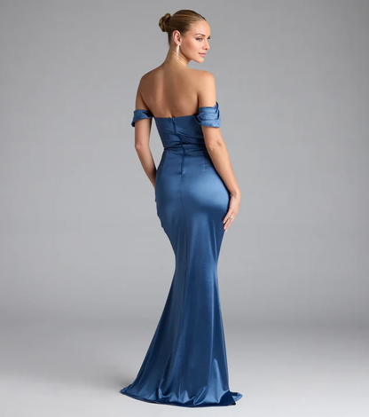 LD off shoulder collar sleeveless backless side slit and floor length Prom dress