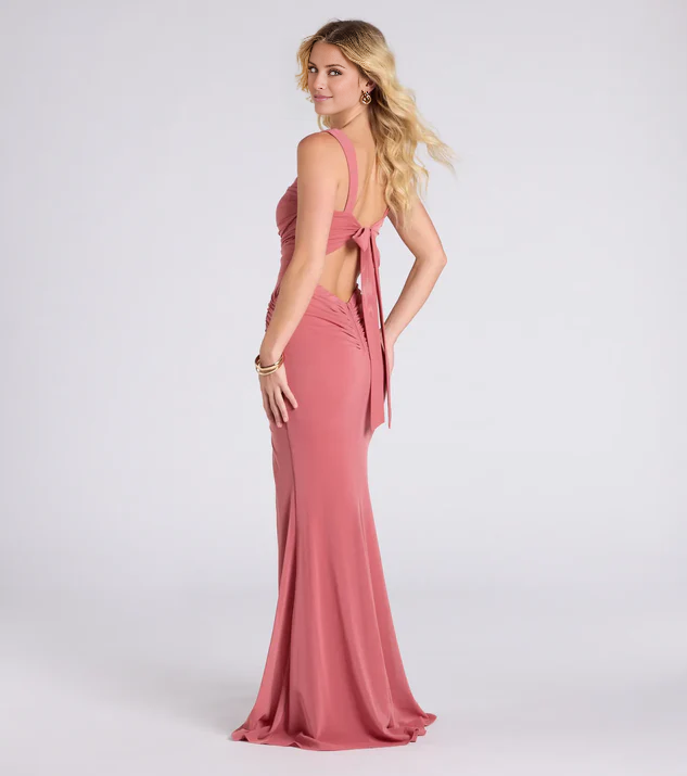 LD square neckline off shoulder sleeveless backless side slit and floor length Prom dress