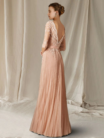 A-Line Mother of the Bride Dress Wedding Guest Luxurious Elegant V Neck Floor Length Lace Tulle Half Sleeve with Pleats Appliques
