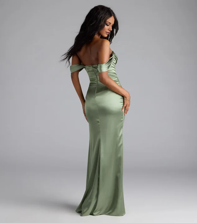 LD off shoulder collar sleeveless backless side slit and floor length evening dress