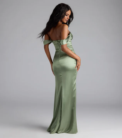 LD off shoulder collar sleeveless backless side slit and floor length evening dress
