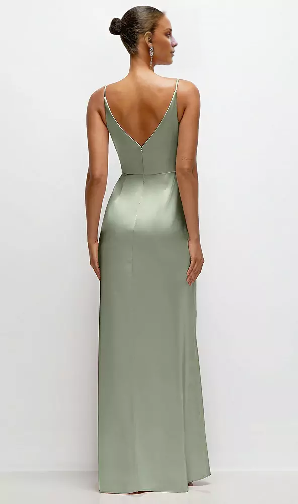 Thin shoulder strap pleated satin side slit and floor length bridesmaid dress - LD Dress