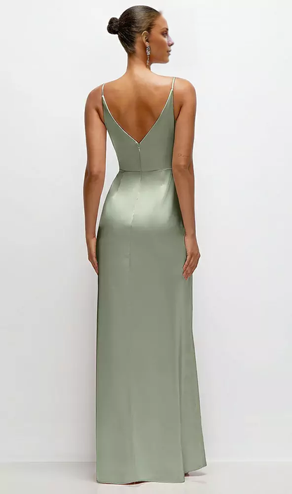 Thin shoulder strap pleated satin side slit and floor length bridesmaid dress - LD Dress
