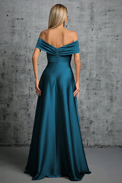 Peacock blue satin off shoulder pleated formal dress