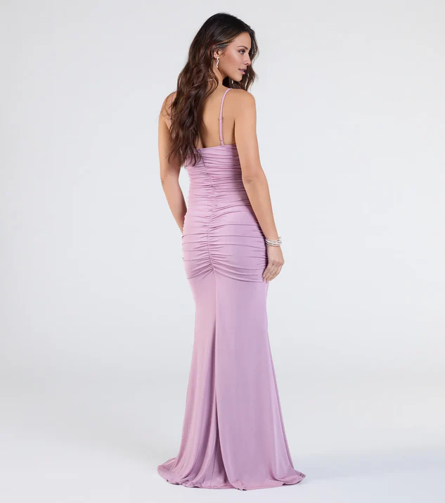 LD V-neck off shoulder sleeveless thin shoulder strap backless and floor length Prom dress