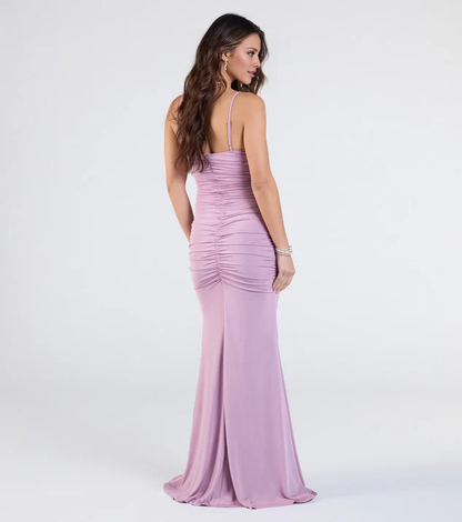 LD V-neck off shoulder sleeveless thin shoulder strap backless and floor length Prom dress