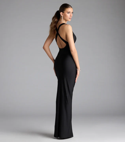 LD V collar off shoulder sleeveless backless side slit and floor length Prom dress