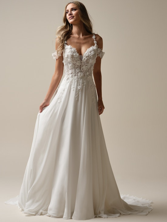 A-line deep V elegant floral off the shoulder and ground length wedding dress