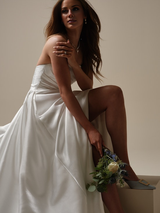 Asymmetric A-line satin and floor length wedding dress