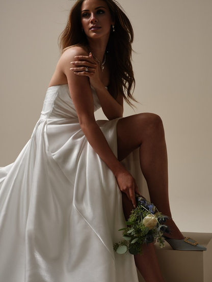 Asymmetric A-line satin and floor length wedding dress