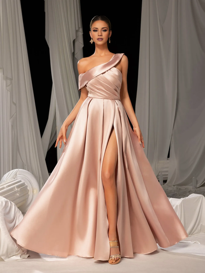 A-line asymmetrical collar satin side slit and floor length Prom Dress - LD Dress
