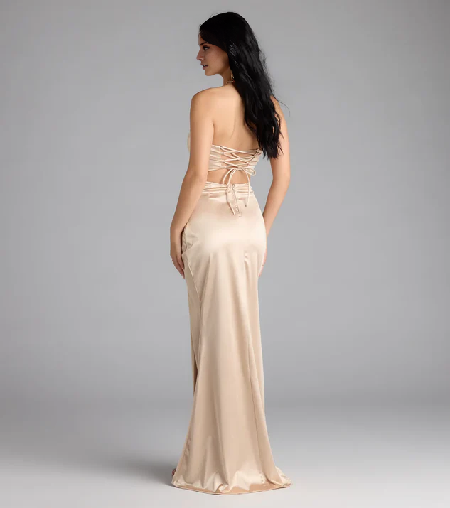 LD off shoulder collar sleeveless backless side slit and floor length Prom dress