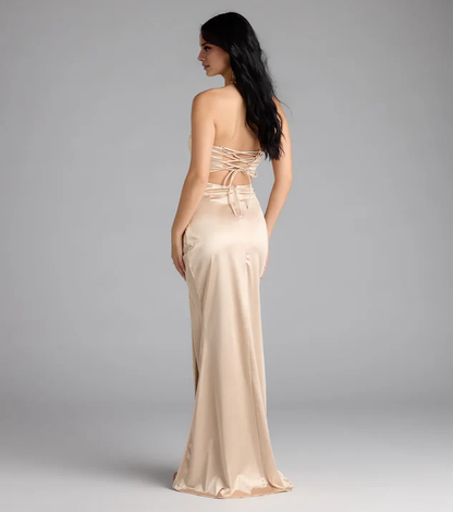 LD off shoulder collar sleeveless backless side slit and floor length Prom dress